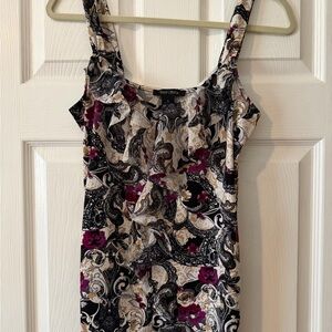 White House Black Market Black, Cream & Purple Paisley Ruffle Tank